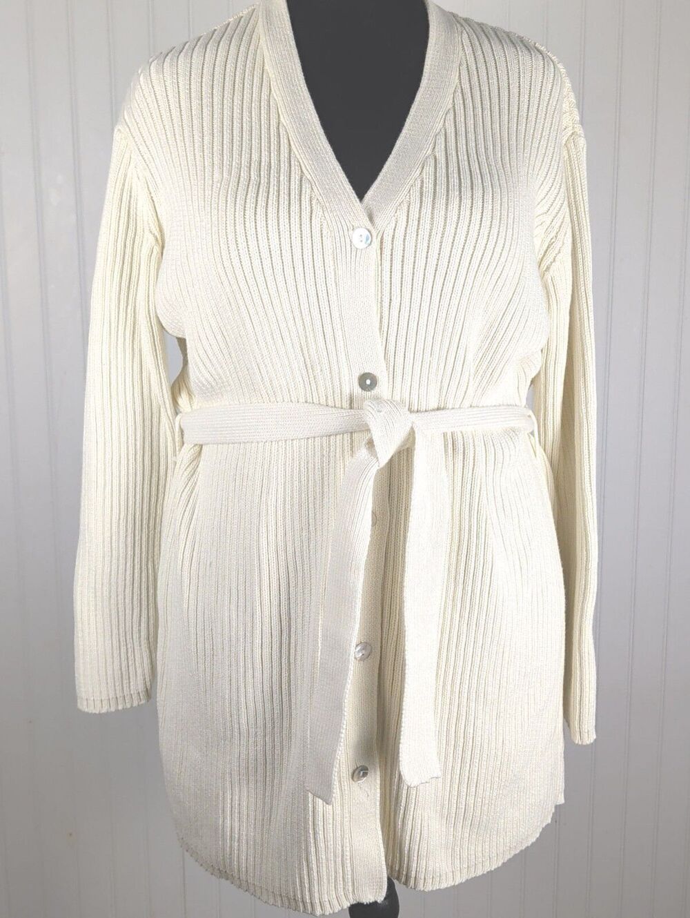 Apostrophe Cream Ribbed Knit Longline Belted Cardigan Sweater Small